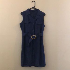 Navy button down belted sleeveless shirtdress